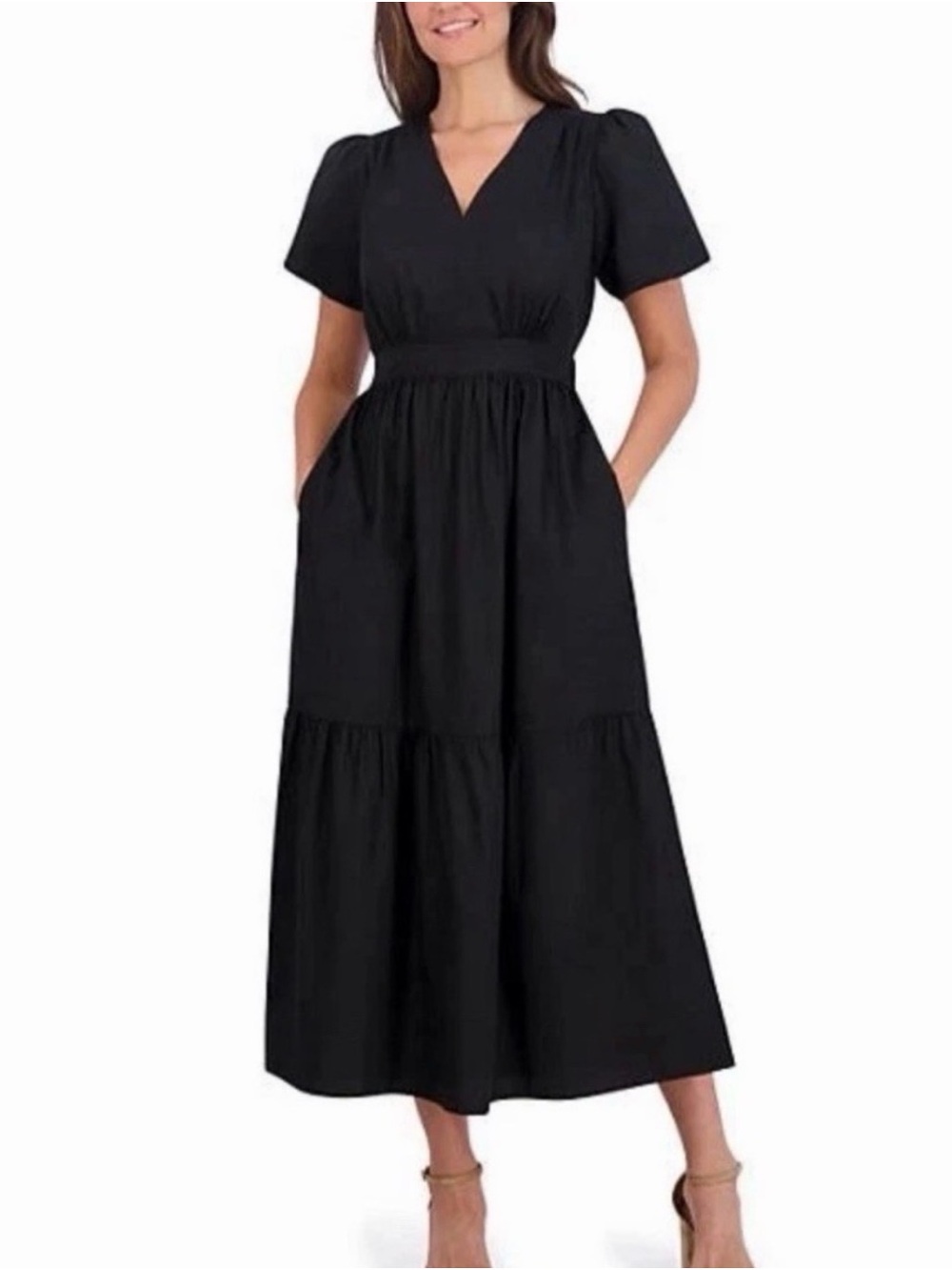 French Connection Black V Neck Tiered Maxi Dress